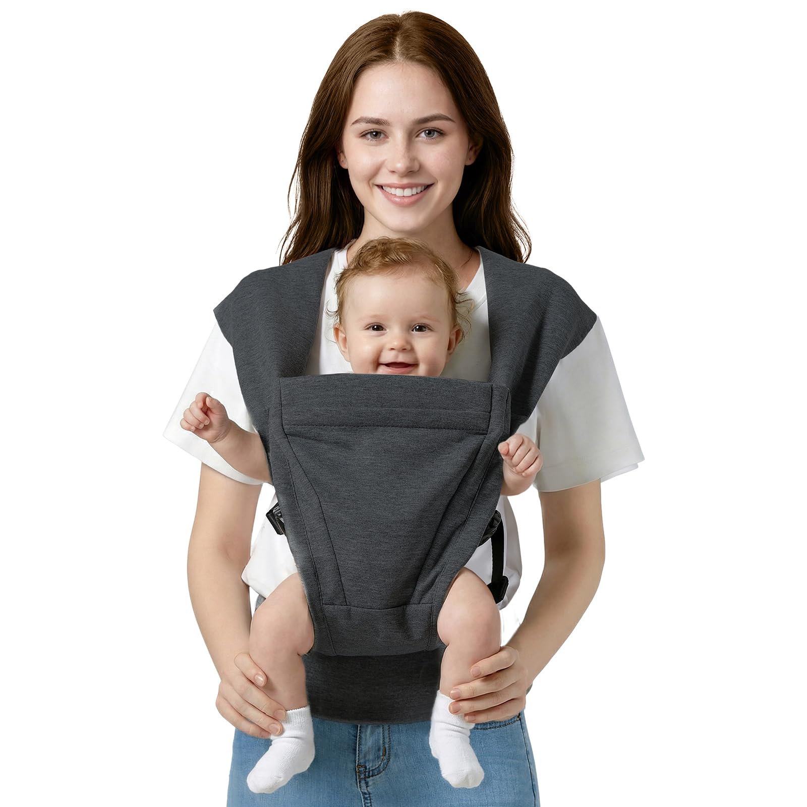 MISSWISDOM baby carrier dark grey worn for hands-free on-the-go use.