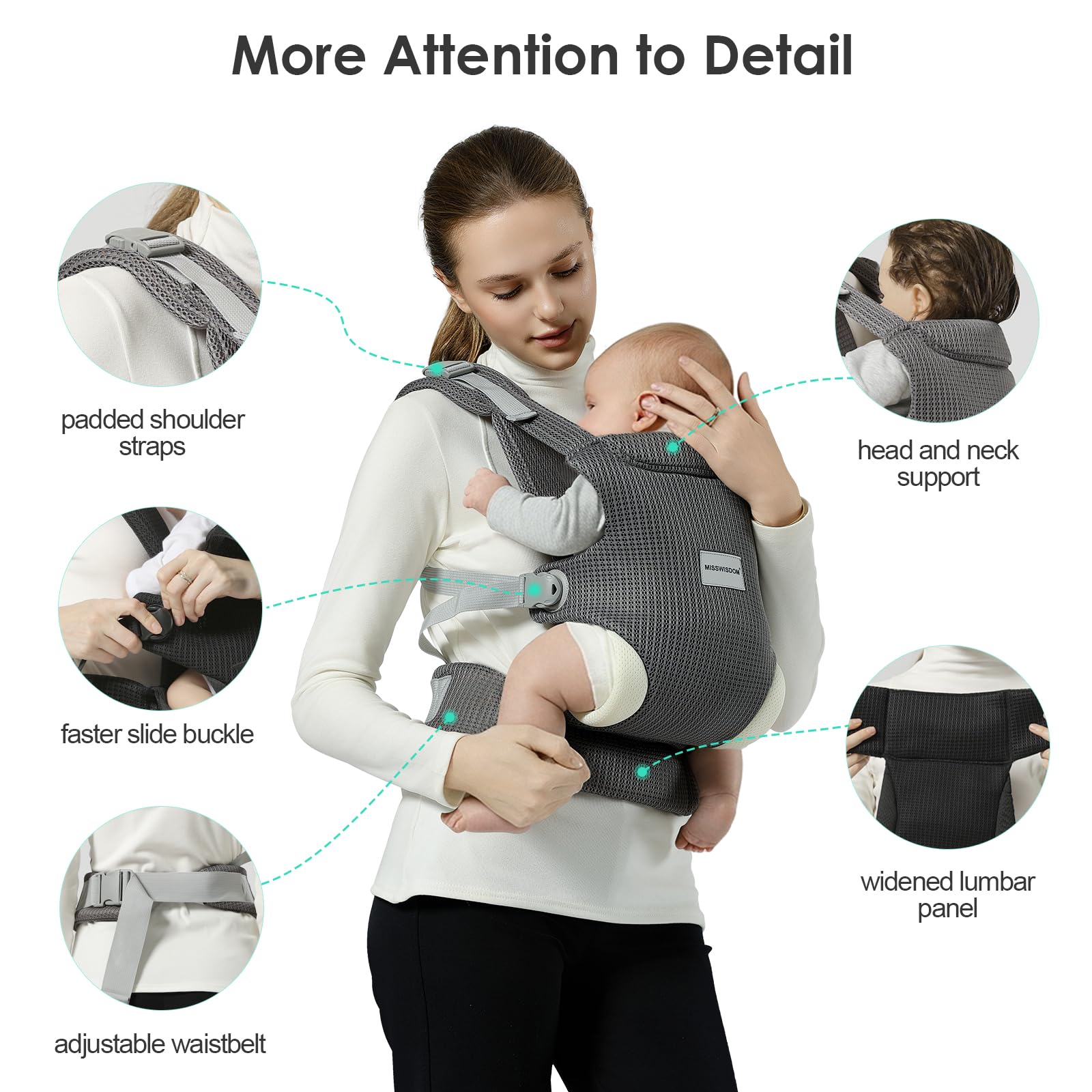 MISSWISDOM baby carrier with EVA lumbar support relieves back pressure during outings