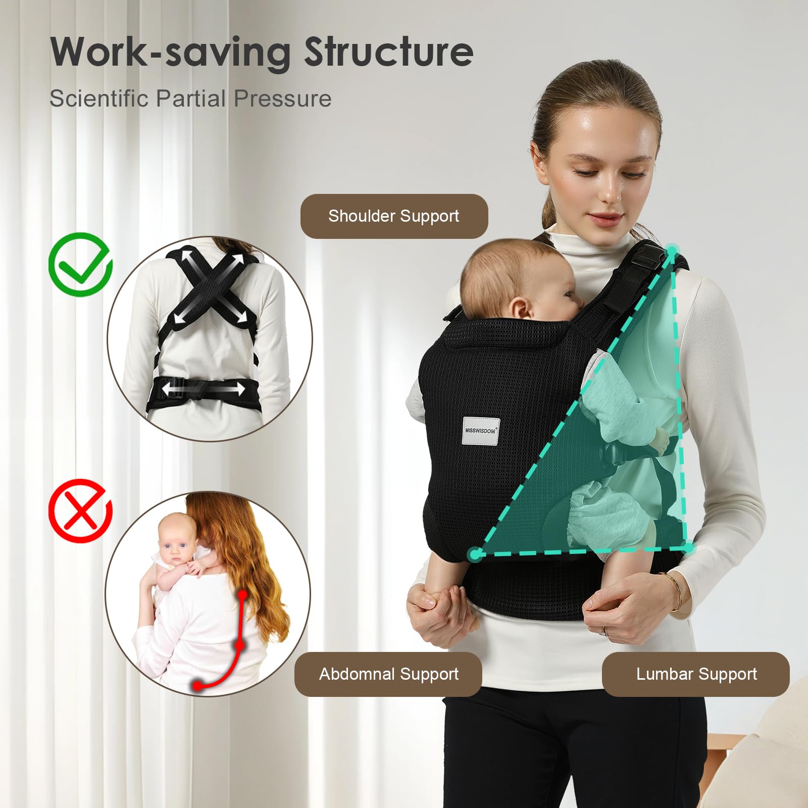MISSWISDOM baby carrier being worn in front-facing mode for a toddler