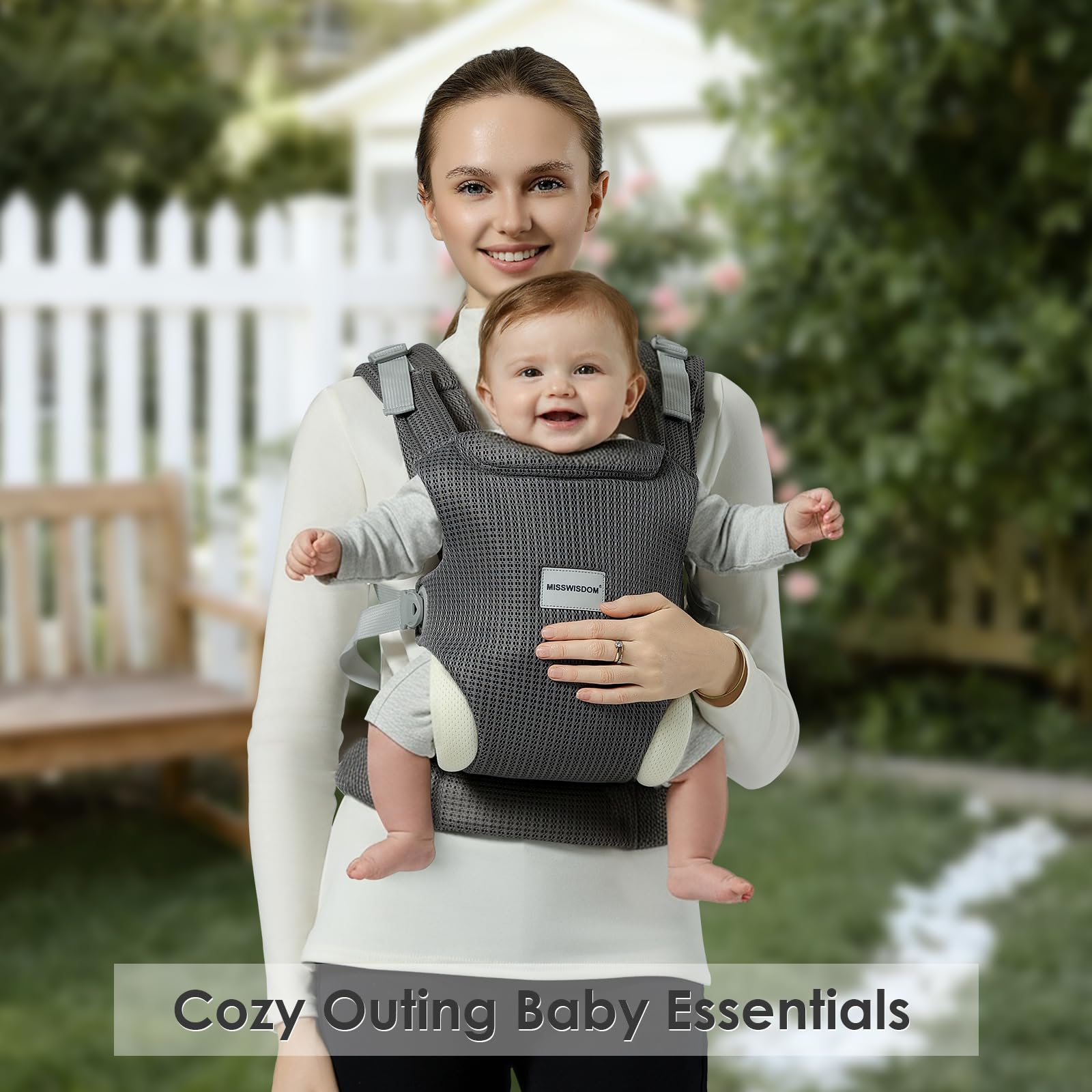 MISSWISDOM carrier in-use front-facing setup supports hands-free outings