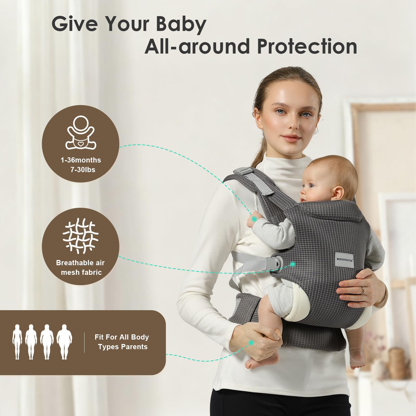 MISSWISDOM one-size-fits-all carrier adjusts for adults and babies alike