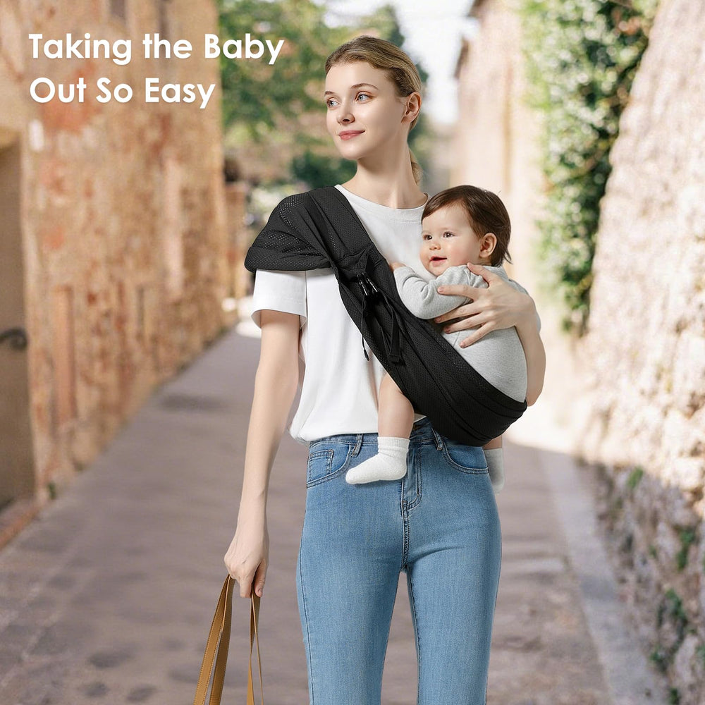 MISSWISDOM black mesh sling enables hands-free moments for parents.