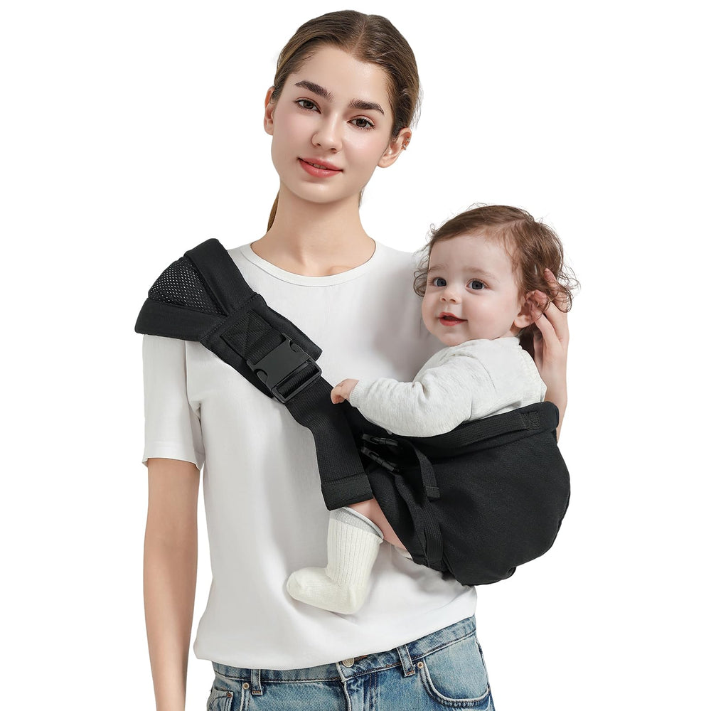 MISSWISDOM baby sling closeup strap illustrates wide weight distribution for shoulder comfort.