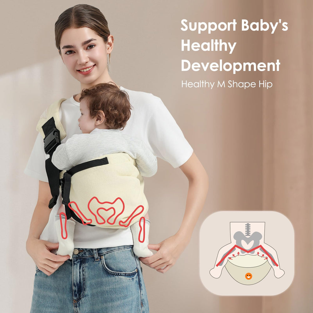MISSWISDOM Baby Sling Carrier ergonomic M-shape illustration demonstrates natural spine-friendly seating.