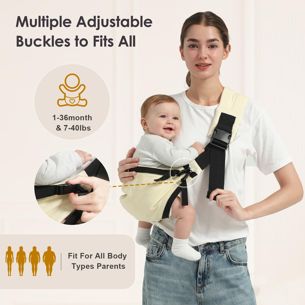 MISSWISDOM Baby Sling Carrier worn on shoulder shows ergonomic support and mobility.