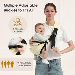 MISSWISDOM Baby Sling Carrier worn on shoulder shows ergonomic support and mobility.