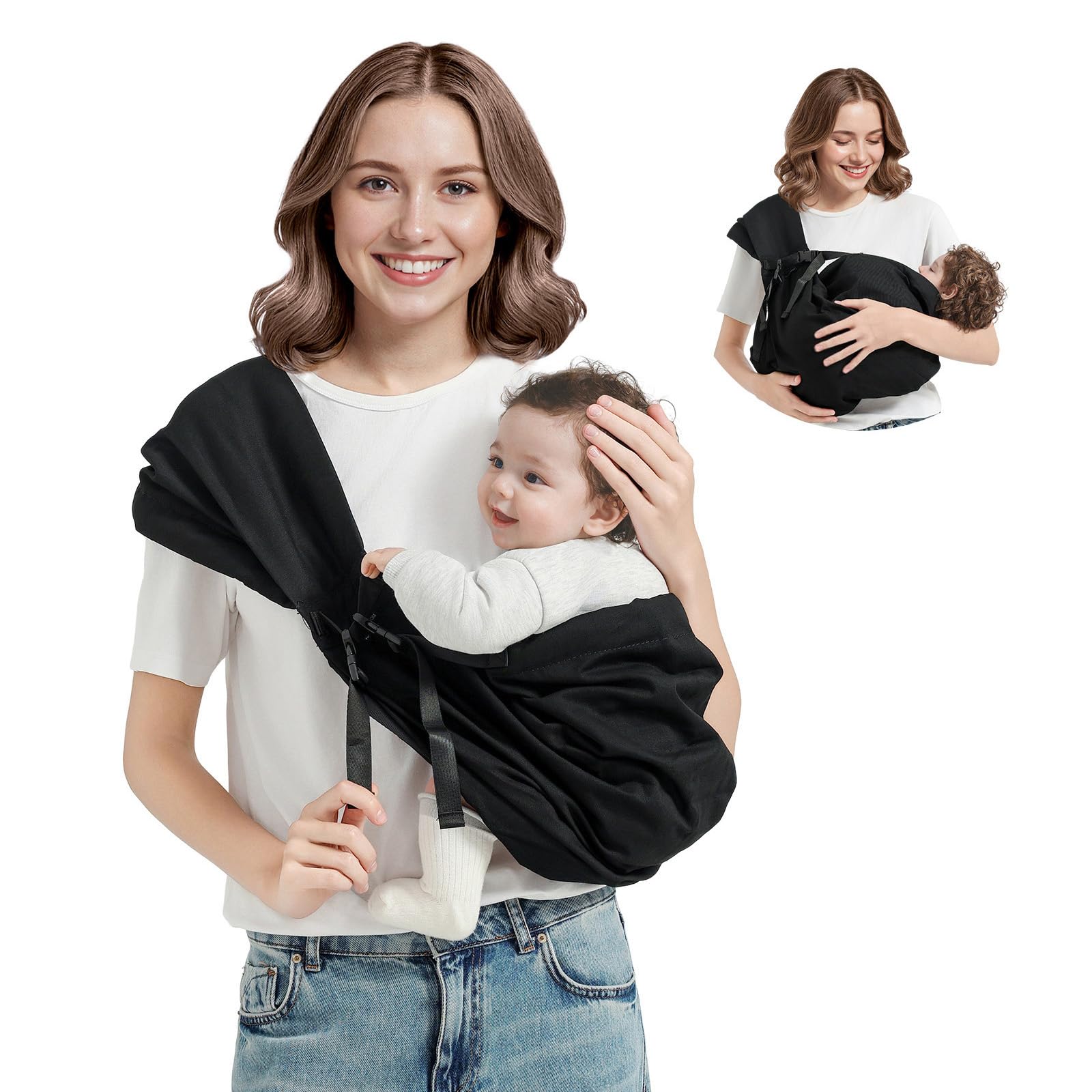 MISSWISDOM baby sling carrier wide shoulder strap eases shoulder and neck strain.