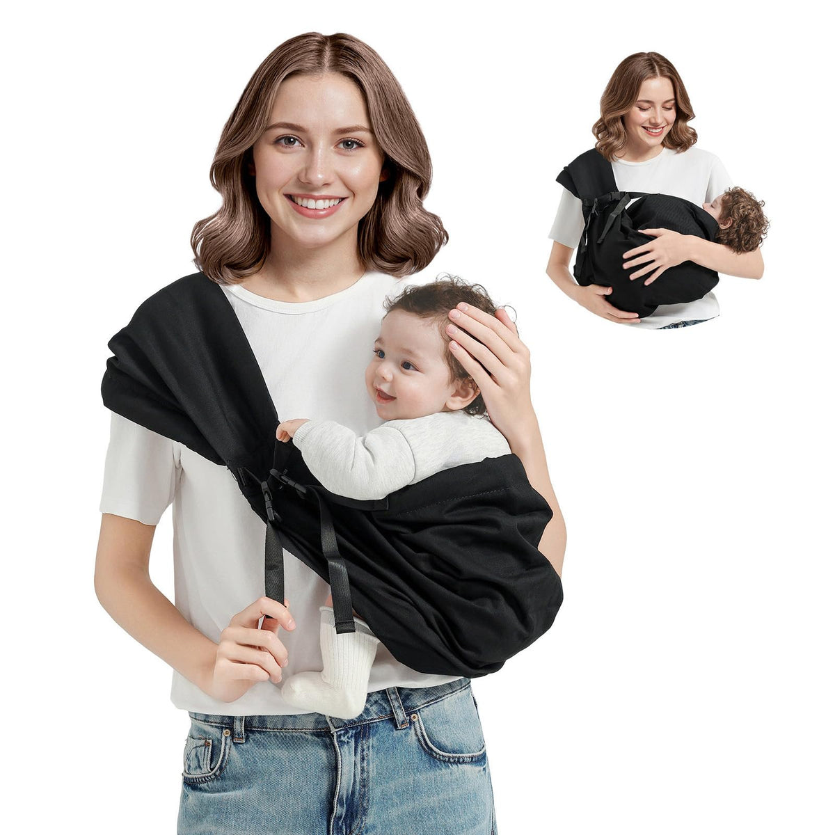 MISSWISDOM baby sling carrier wide shoulder strap eases shoulder and neck strain.