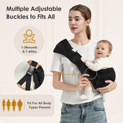 MISSWISDOM sling worn by parent shows ergonomic M-shaped seating for baby's hip alignment.