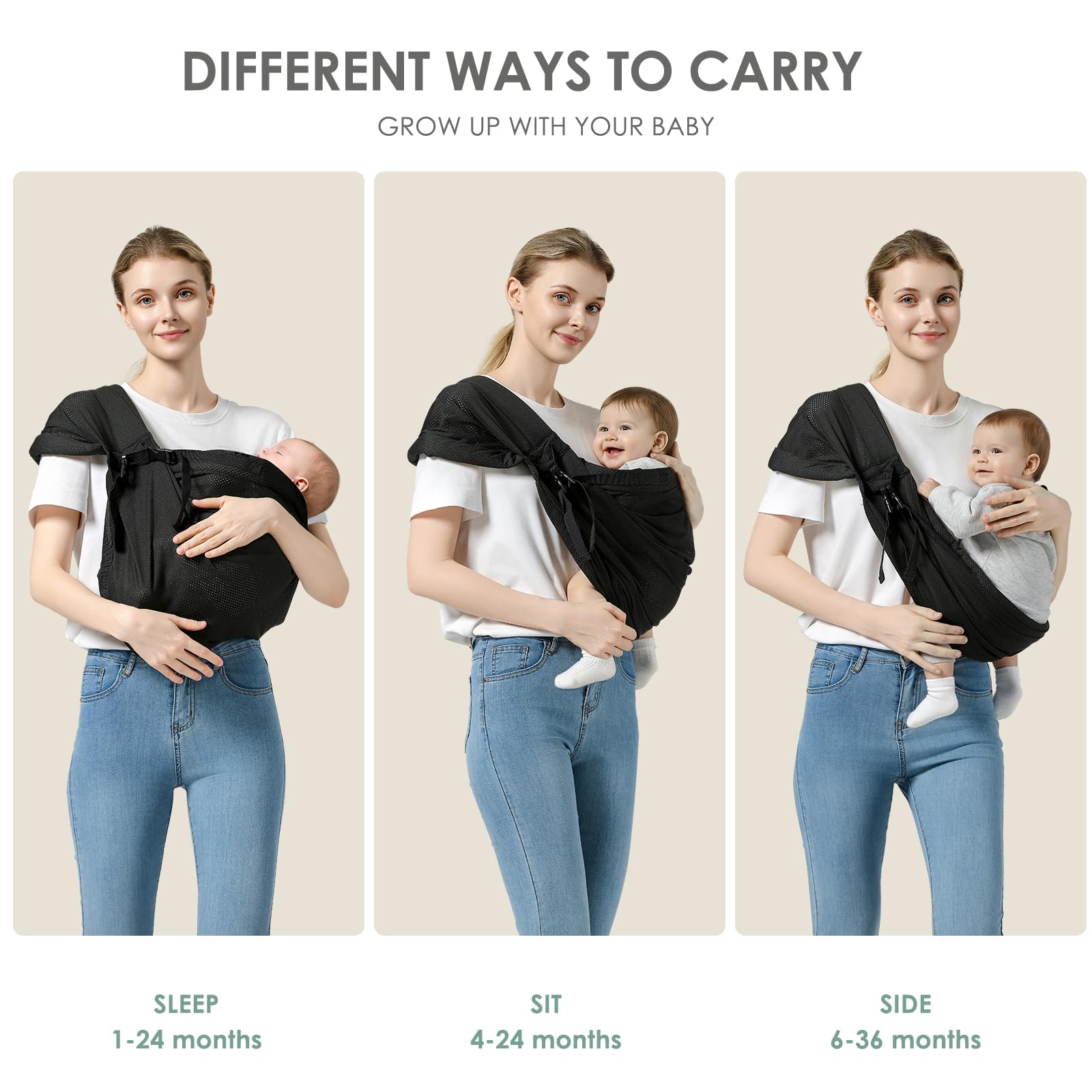 MISSWISDOM baby sling ergonomic M-position supports natural hip seating.