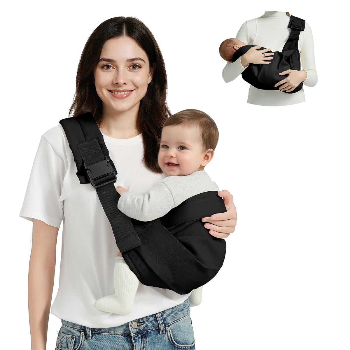 MISSWISDOM baby sling, front view with double safety buckles for secure daily wear.