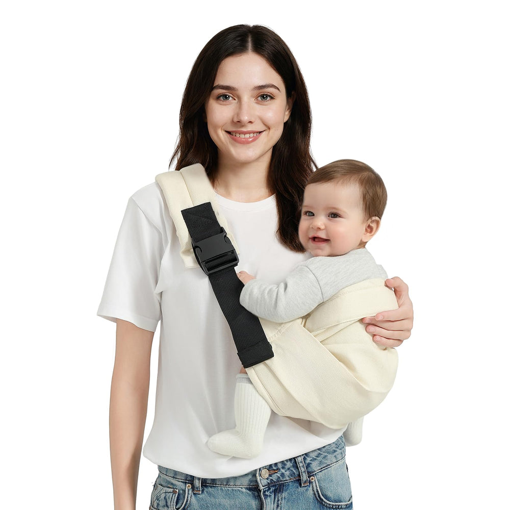 MISSWISDOM Baby Sling Carrier front view worn by caregiver, enabling hands-free daily tasks.