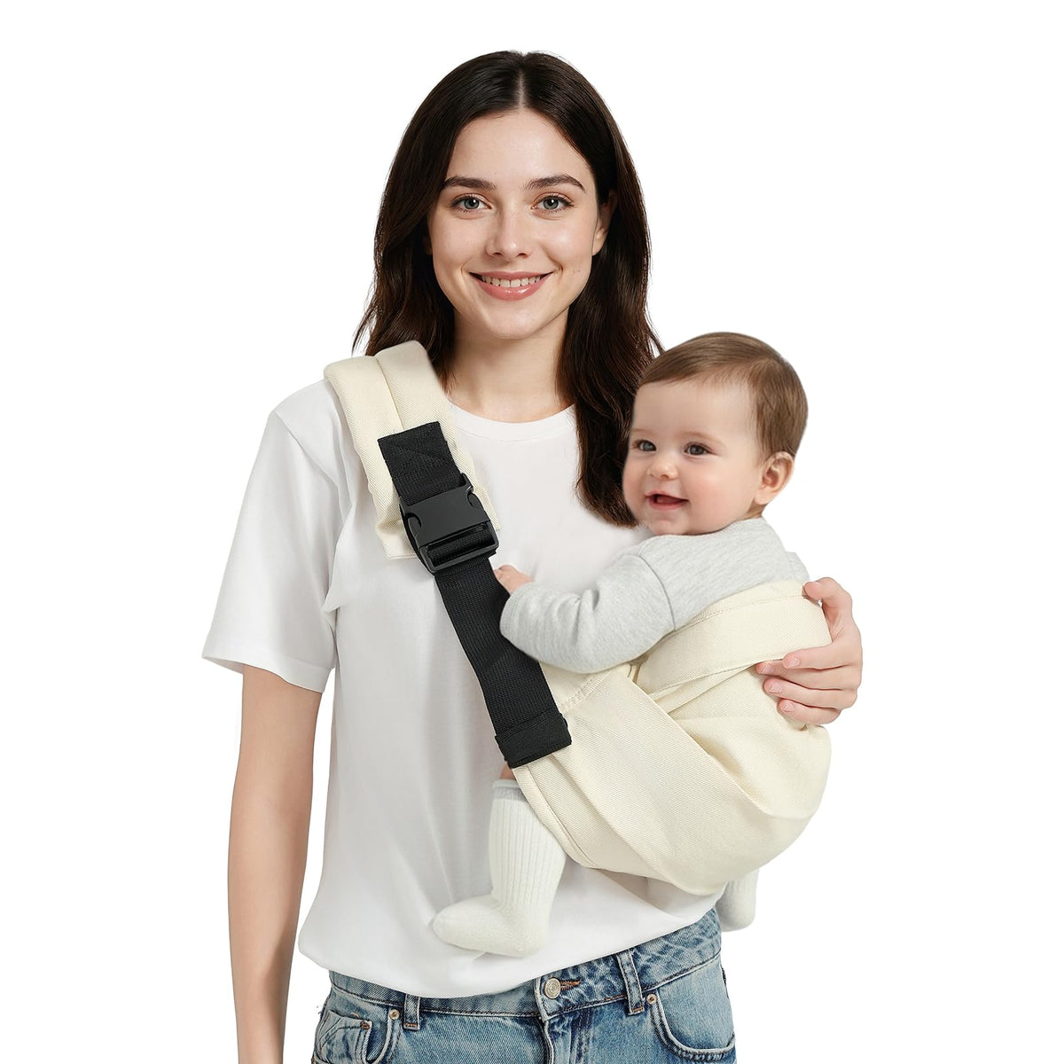 MISSWISDOM Baby Sling Carrier front view worn by caregiver, enabling hands-free daily tasks.