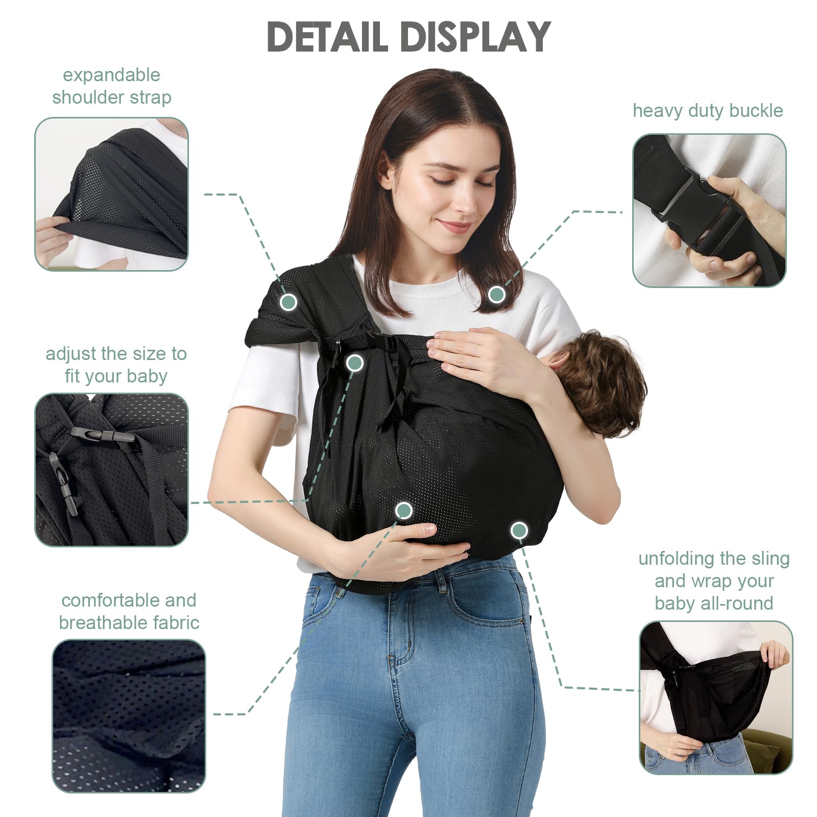 MISSWISDOM baby sling wide shoulder strap distributes weight to reduce shoulder strain.
