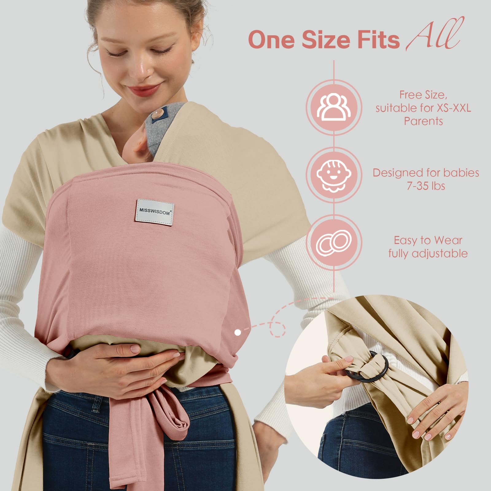 MISSWISDOM baby wraps carrier adjustment feature beige pink allows easy size changes