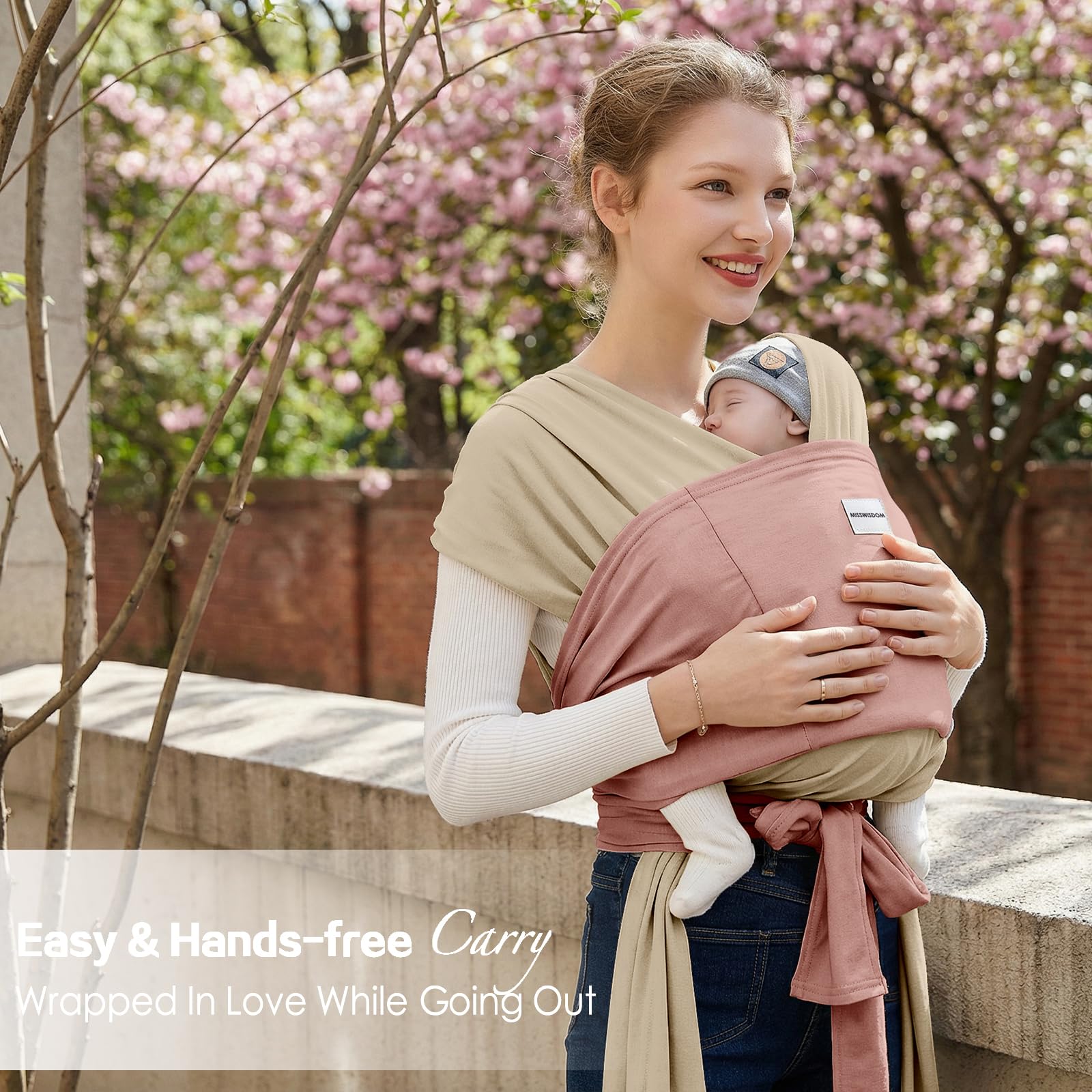 MISSWISDOM baby wraps carrier back view beige pink supports ergonomic hip alignment