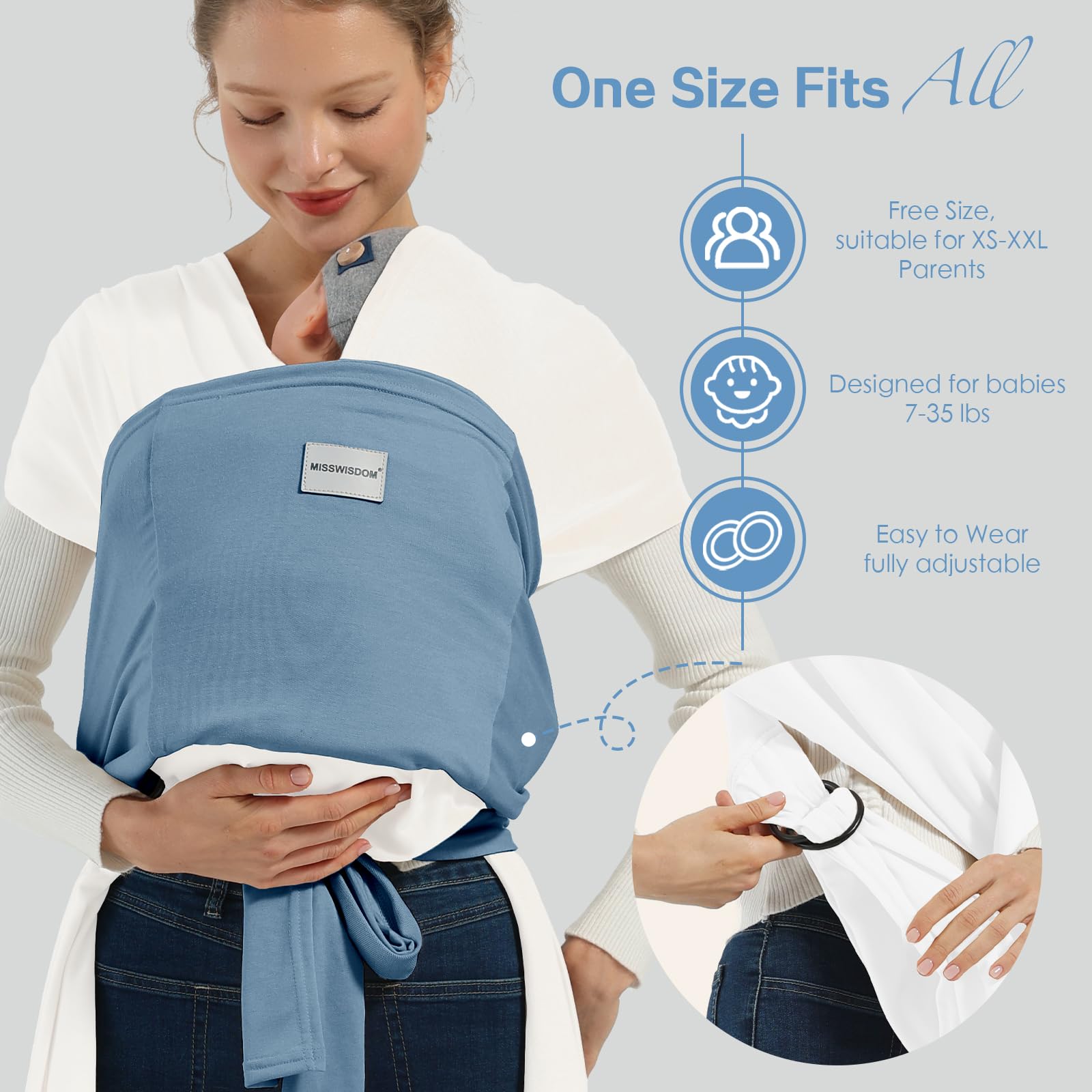 MissWISDOM Baby Wraps in-use with toddler shows hands-free versatility.