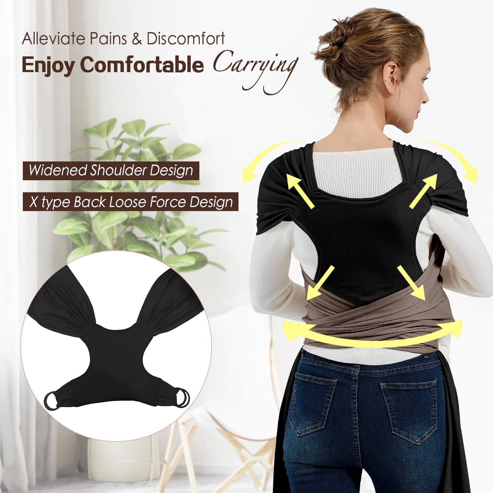 MISSWISDOM carrier shows adjustable wide shoulder straps to reduce neck stress.