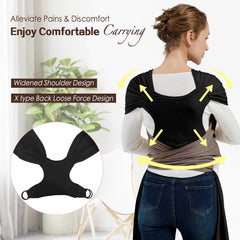 MISSWISDOM carrier shows adjustable wide shoulder straps to reduce neck stress.