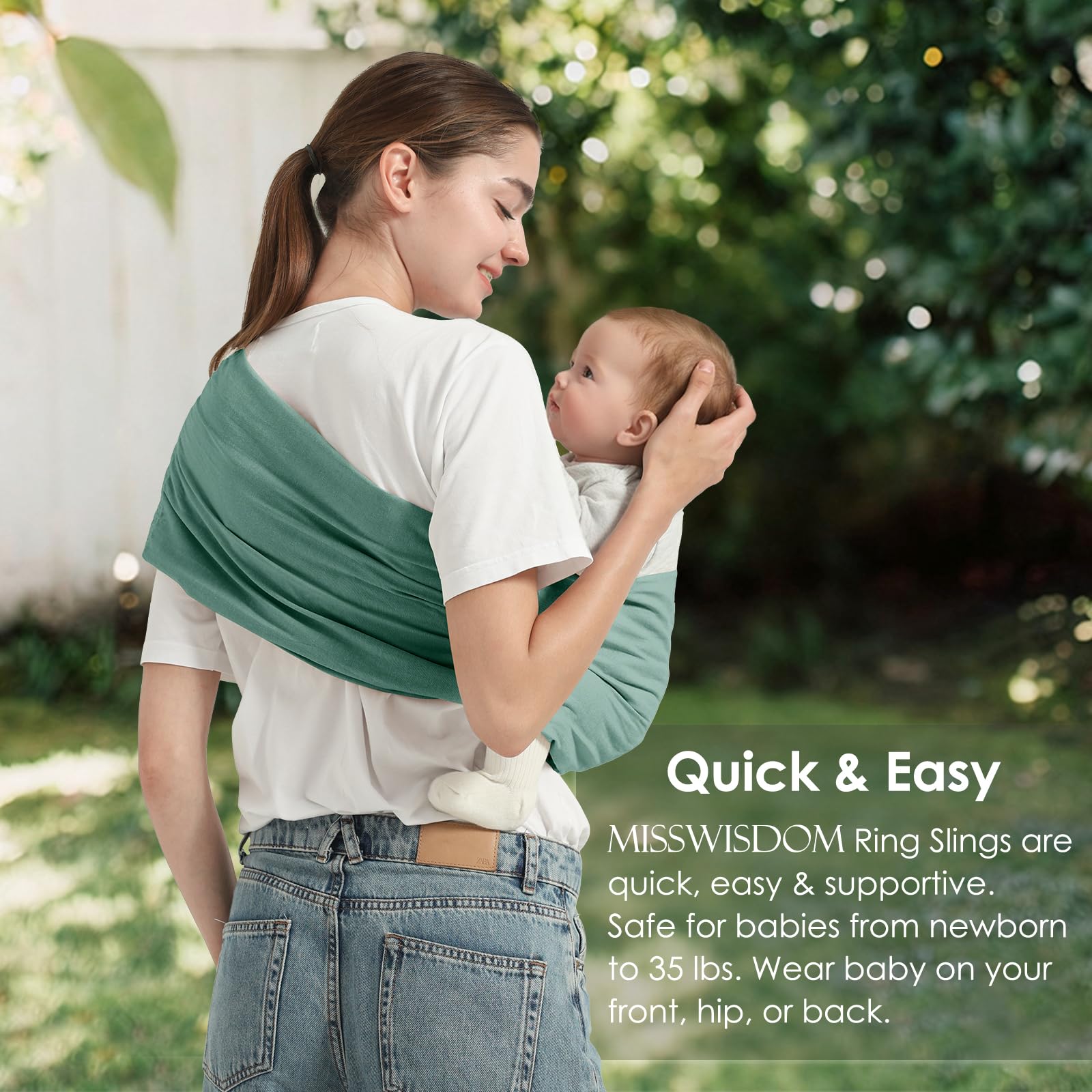MISSWISDOM ring sling's breathable fabric keeps baby dry during heat.