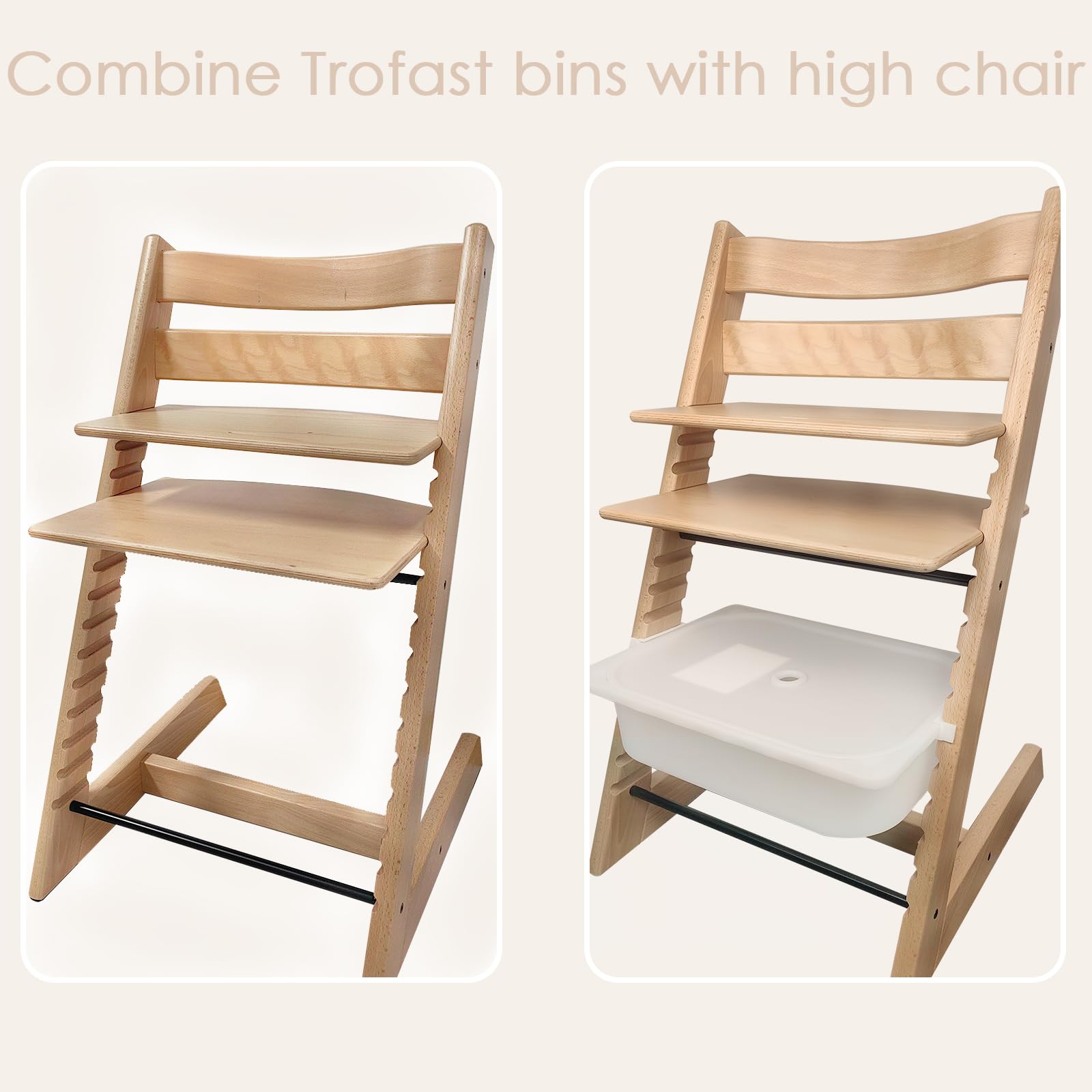 MITCHENIFY Trofast adapters show the sliding basket for easy mealtime reach.