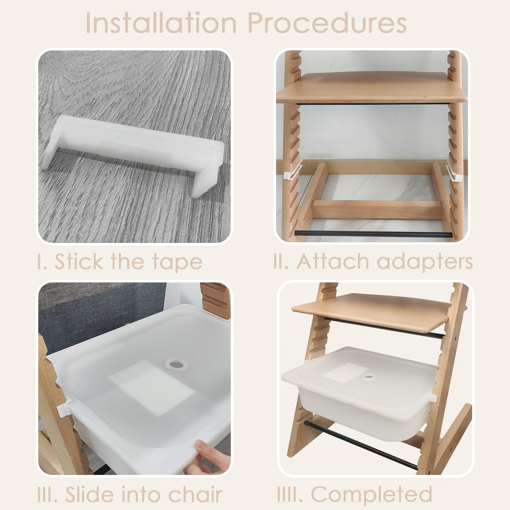 MITCHENIFY Trofast adapters organize bibs and toys near the high chair.