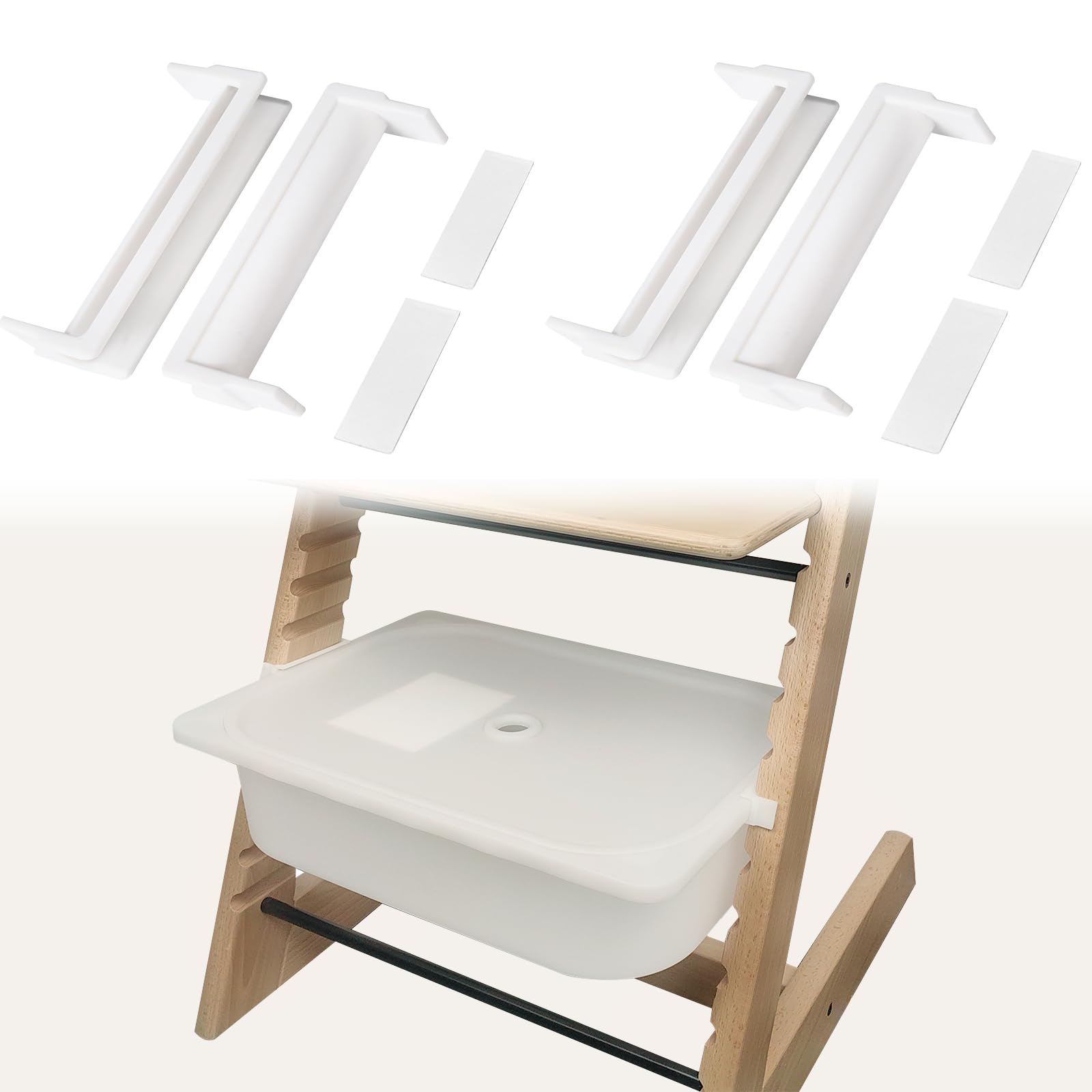 MITCHENIFY Trofast adapters under-high-chair bins enable quick-access storage.