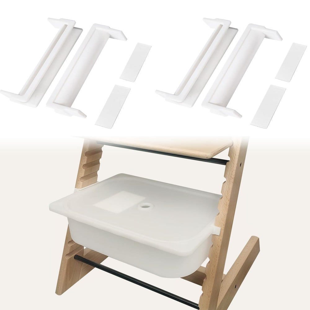 MITCHENIFY Trofast adapters under-high-chair bins enable quick-access storage.