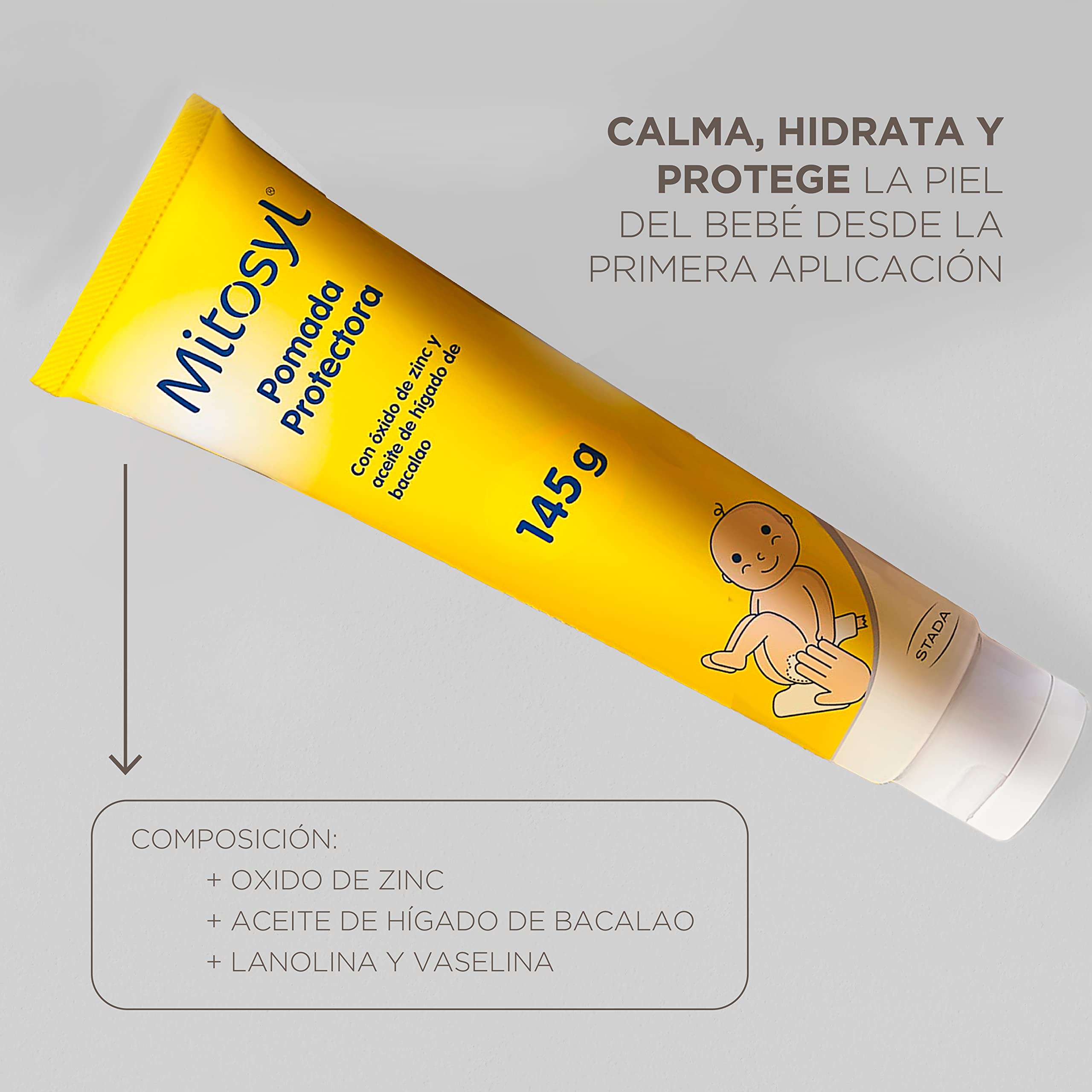 Mitosyl Pomada 145g tube closeup showing creamy consistency for gentle application.