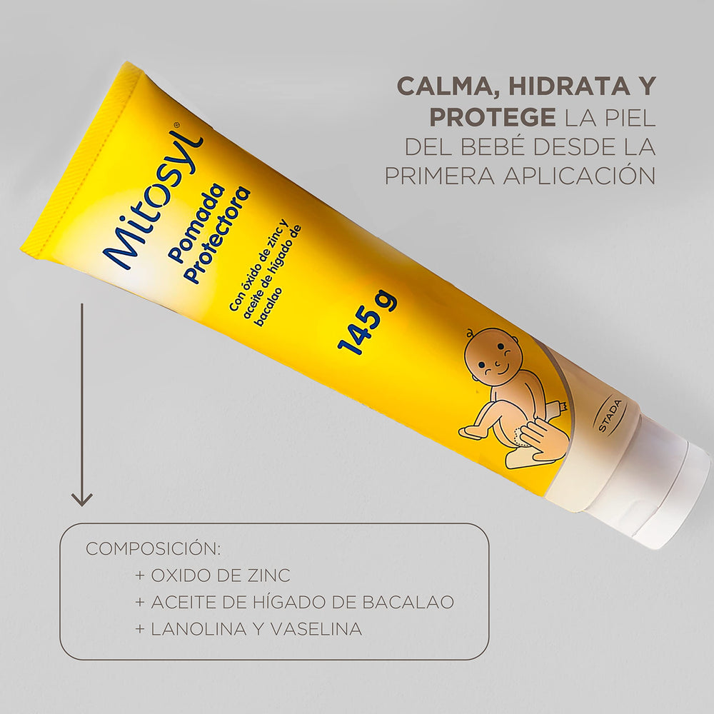 Mitosyl Pomada 145g tube closeup showing creamy consistency for gentle application.