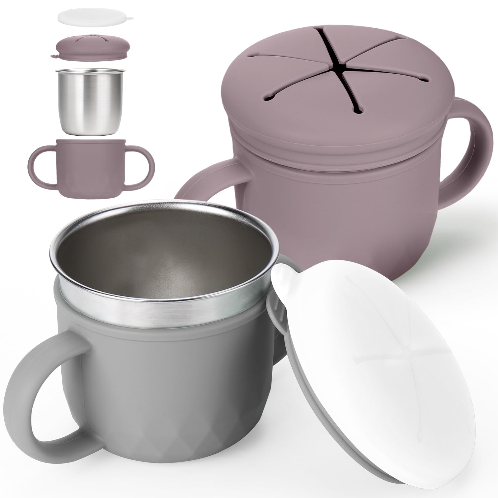 Mity Rain 2-pack stainless snack containers purple and gray, compact and spill-free for on-the-go snacking.