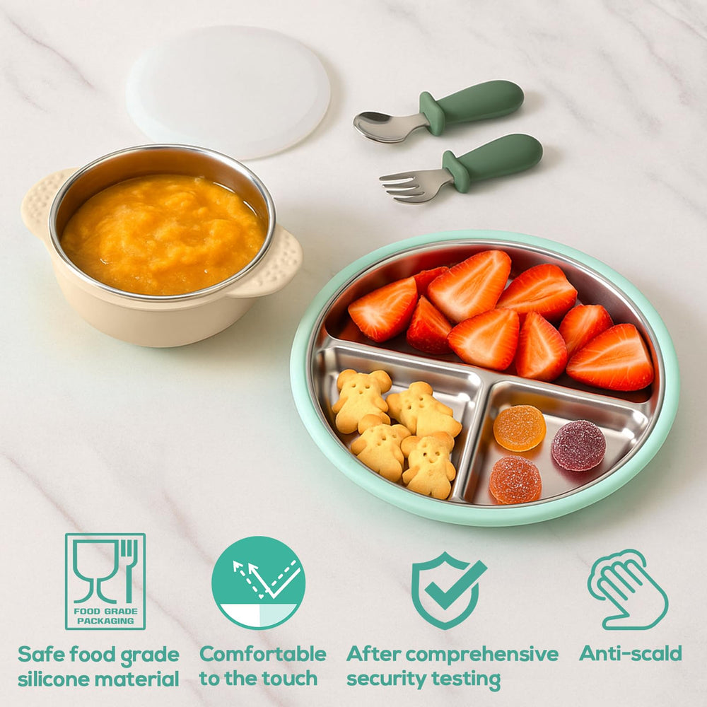 Mity rain child-safe forks offer comfortable grip for self-feeding practice.