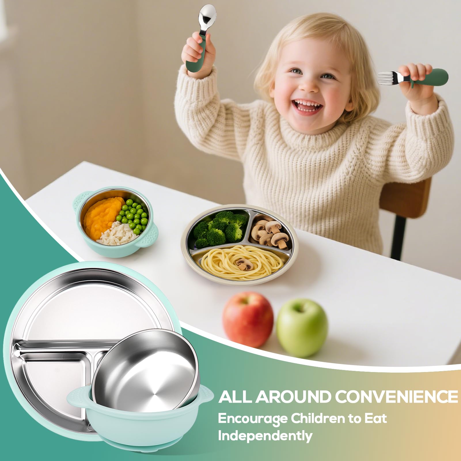 Mity rain dual-material bowl highlights stainless steel interior and silicone outer layer.