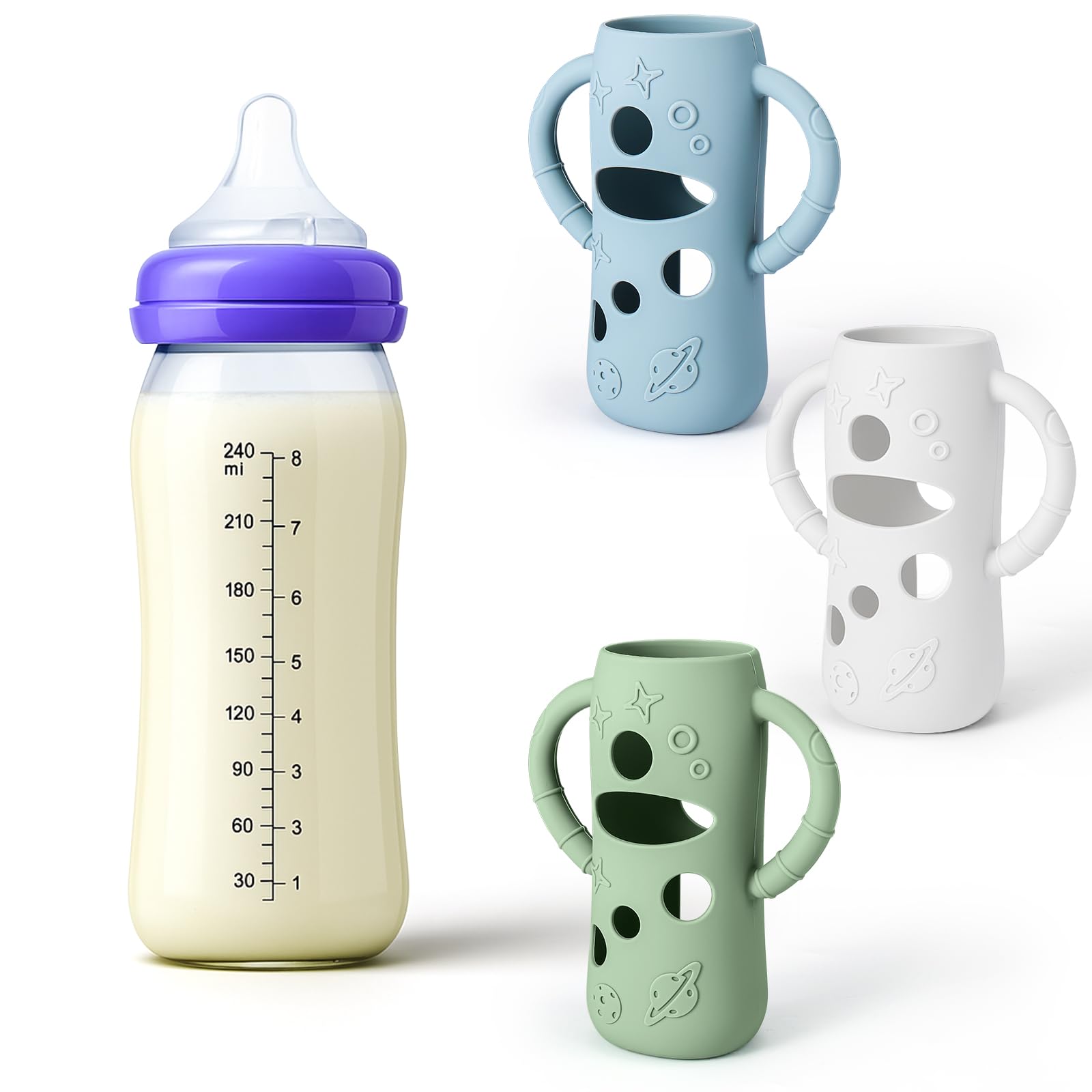 Mity Rain silicone sleeve on Lansinoh 8 oz bottle; closeup highlights protective grip