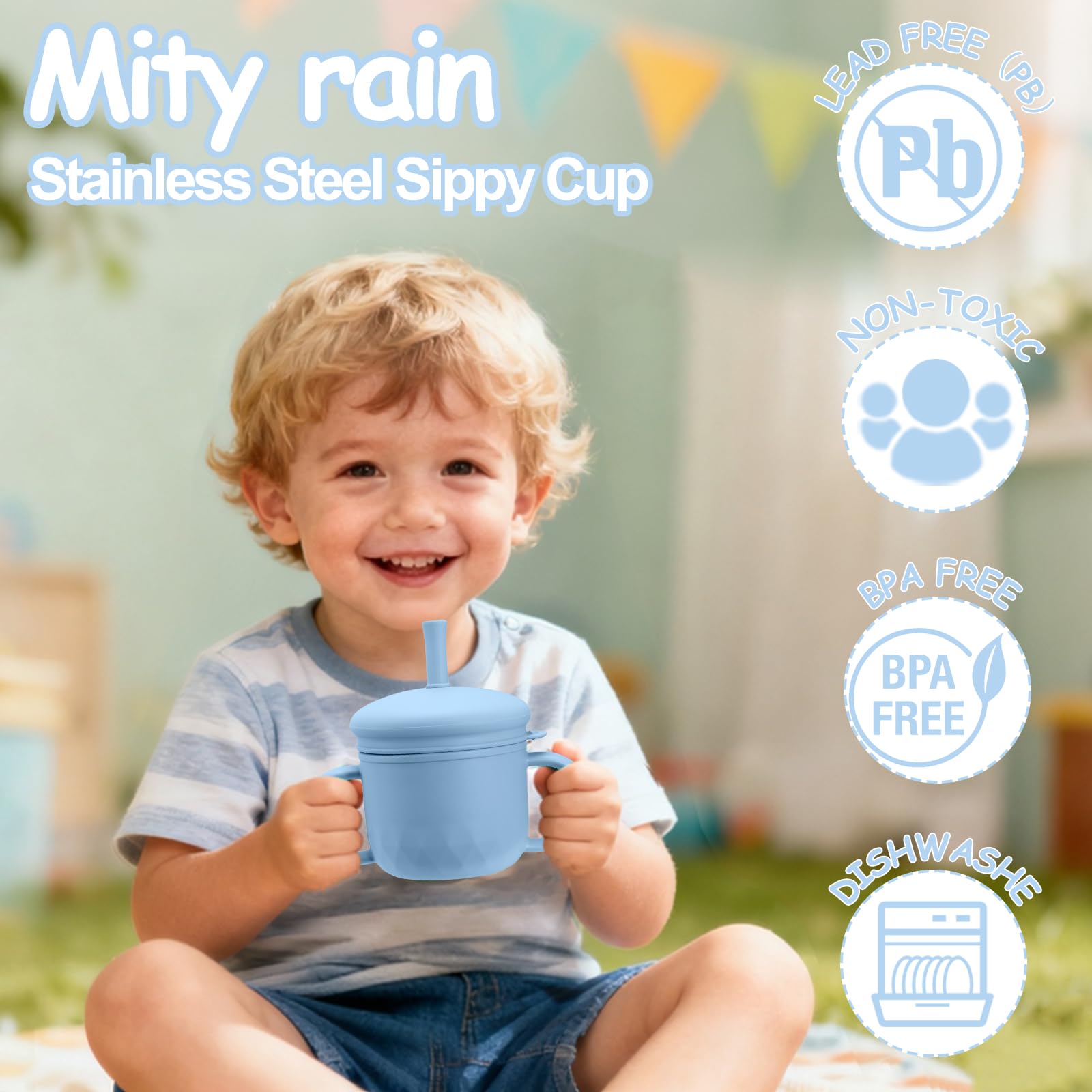 Mity Rain stainless steel sippy cup demonstrates long-lasting durability for little hands.