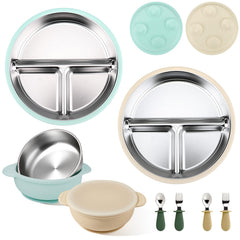 Mity rain stainless steel toddler plate with a stable base for mess-free dining.