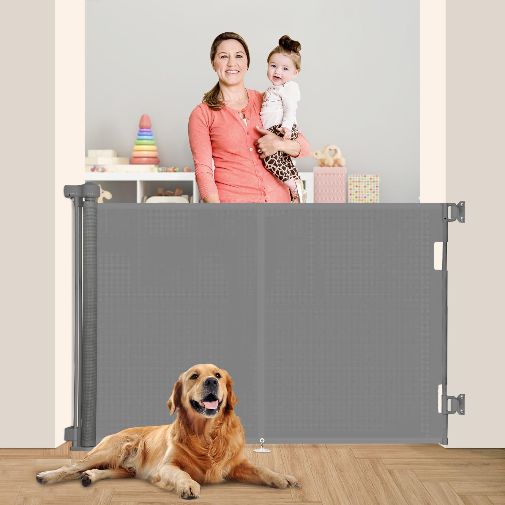 Miumoon 59-inch retractable gate assembly shown, easy to install for families with toddlers.