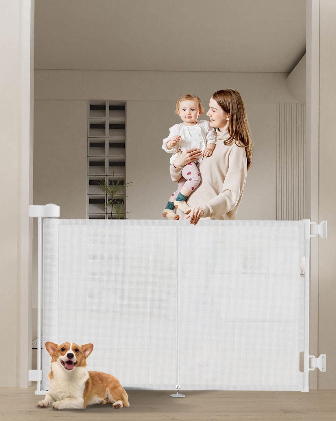 Miumoon 59-inch retractable gate top view with reinforced fiber bars for stability.