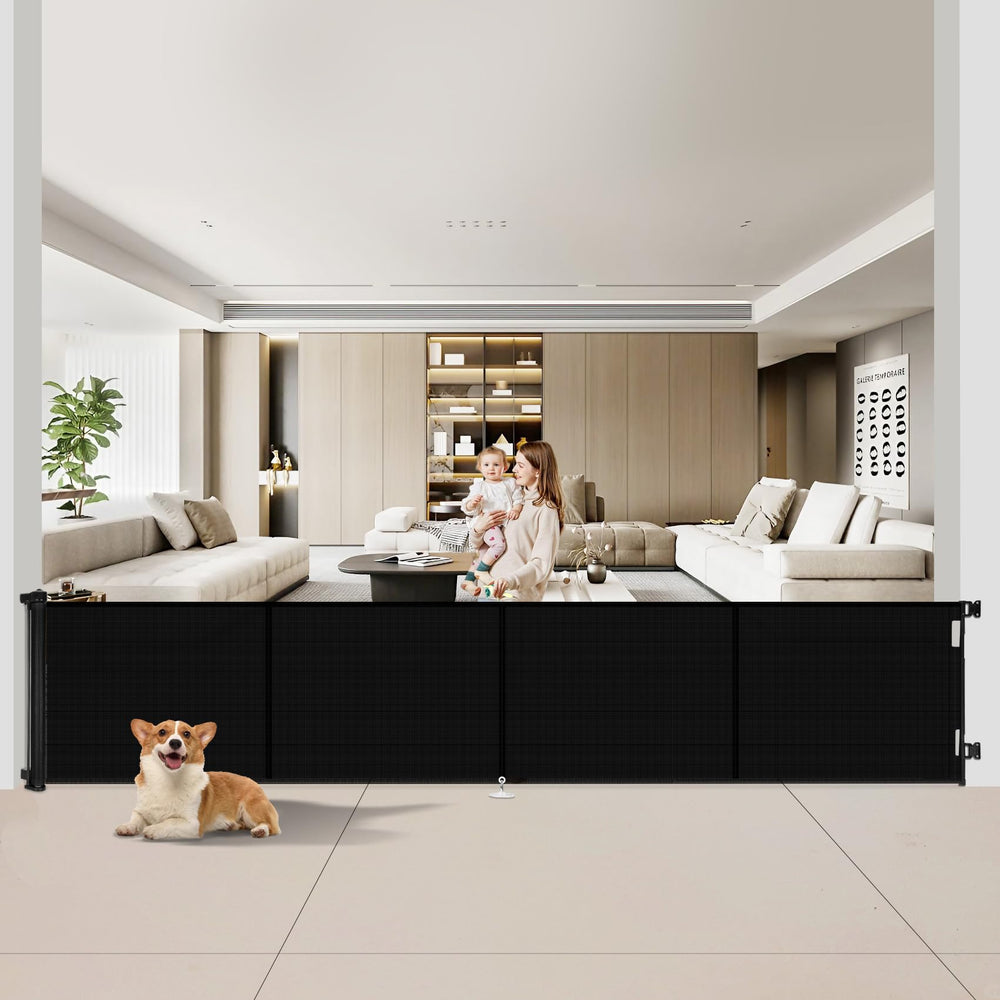 Miumoon retractable gate assembly shows easy setup for stairs and doorways.