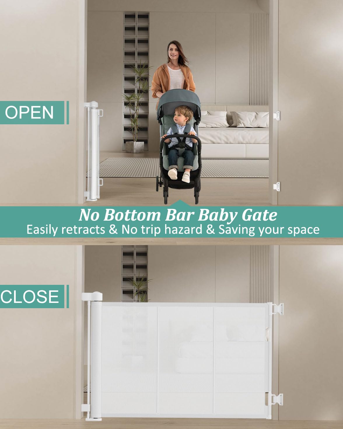Miumoon gate soft mesh and no bottom bar reduce risk of trips and injuries.