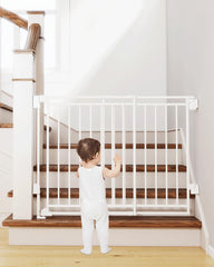 Miumoon no-bottom-bar gate at top stair with secure hardware mount.