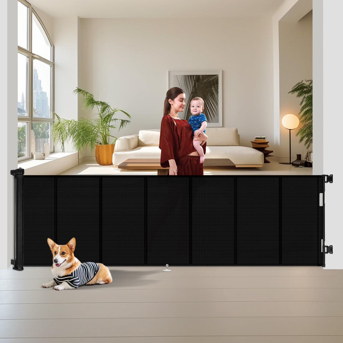 Miumoon retractable baby gate with reinforced fiber-bar design for stair stability.