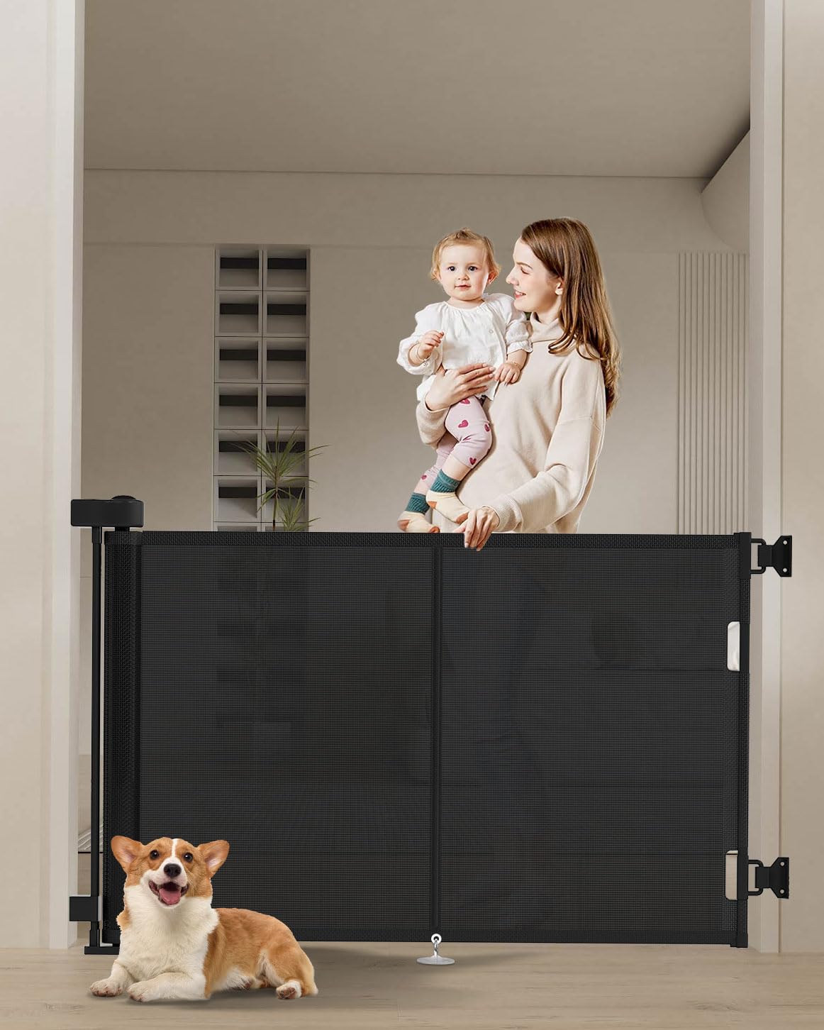 Miumoon retractable gate shows 50-inch width for doorway safety