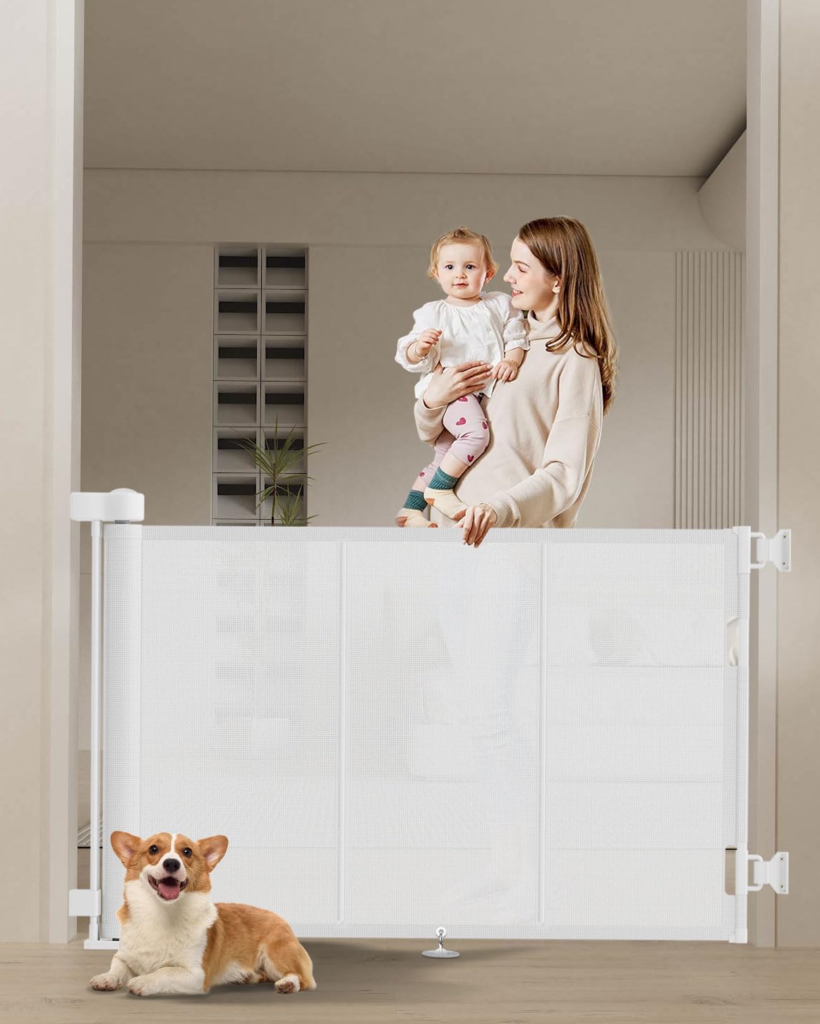 Miumoon retractable gate on stairs with reinforced fiber bar for stability and safety.