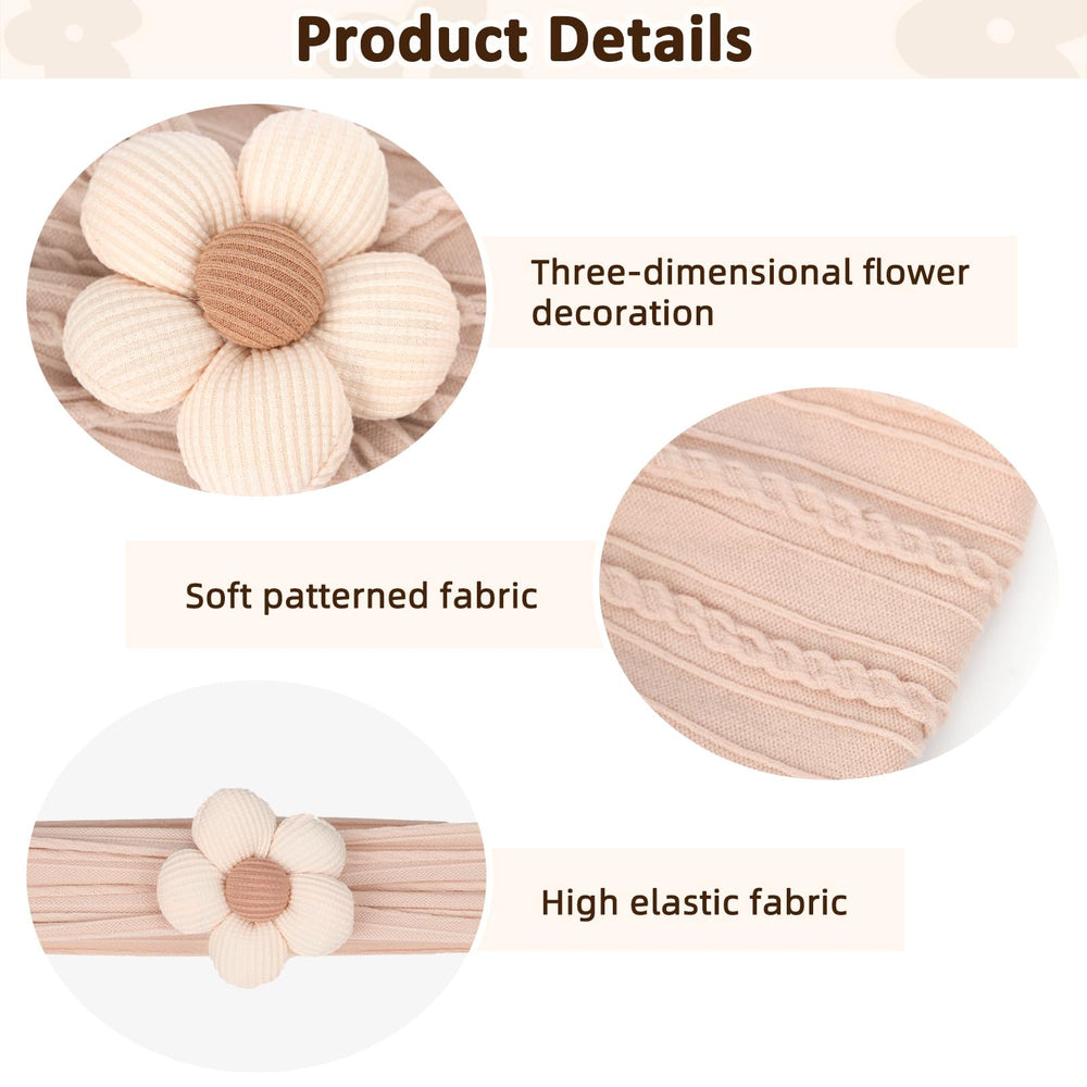 MIUXUESO baby flower headband brown closeup, soft band gentle on delicate skin