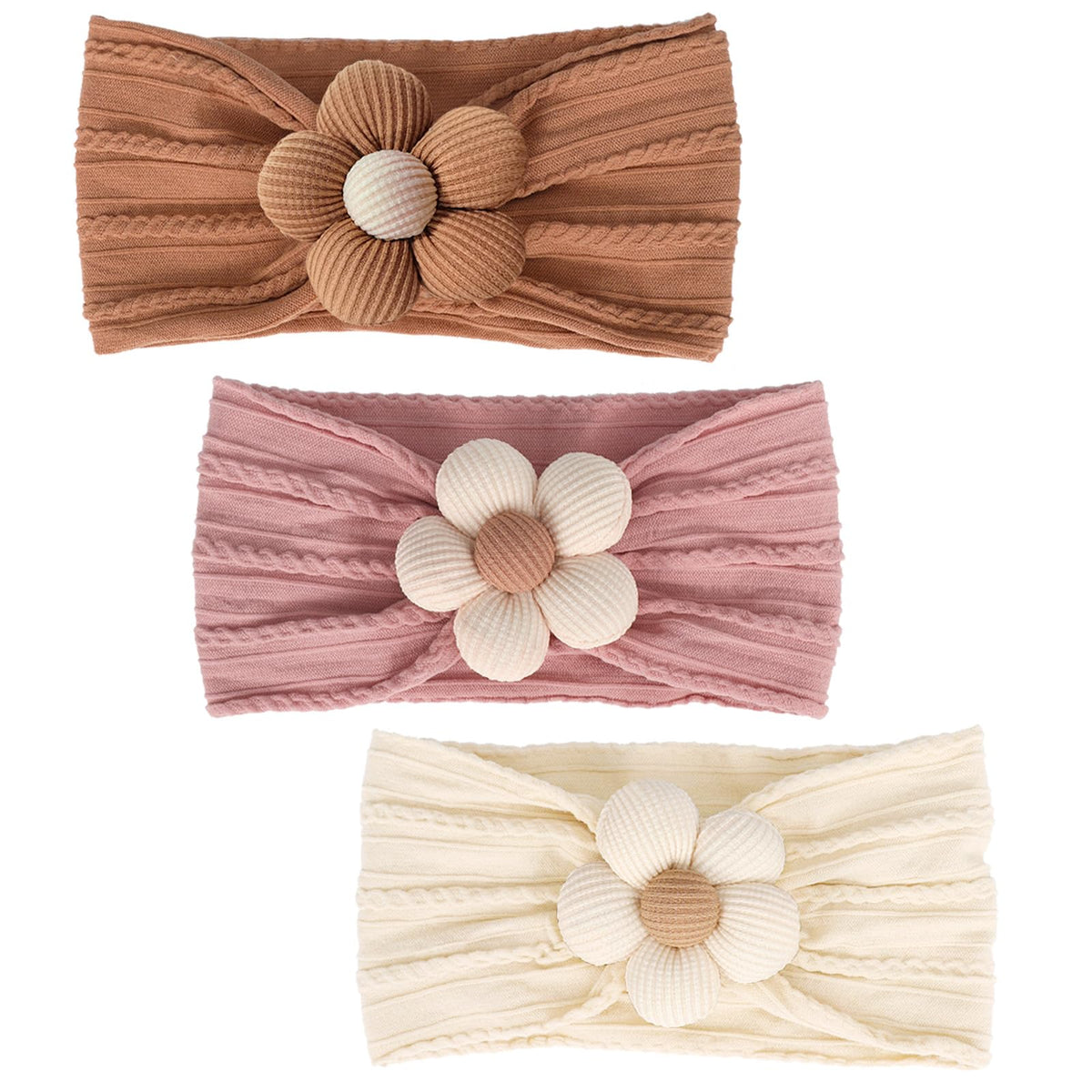 MIUXUESO baby flower headband yellow front view, soft stretch for newborn comfort
