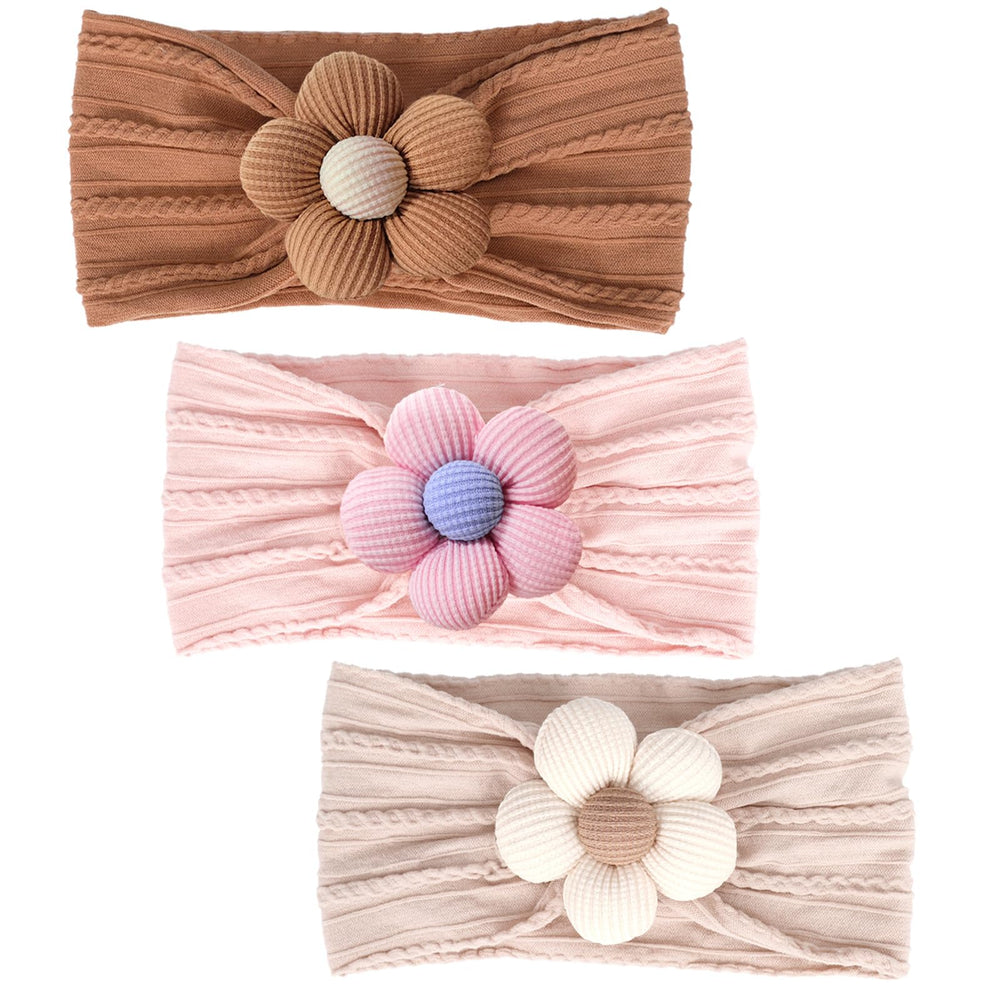MIUXUESO baby flower headbands beige close-up showing soft elastic fit for newborns