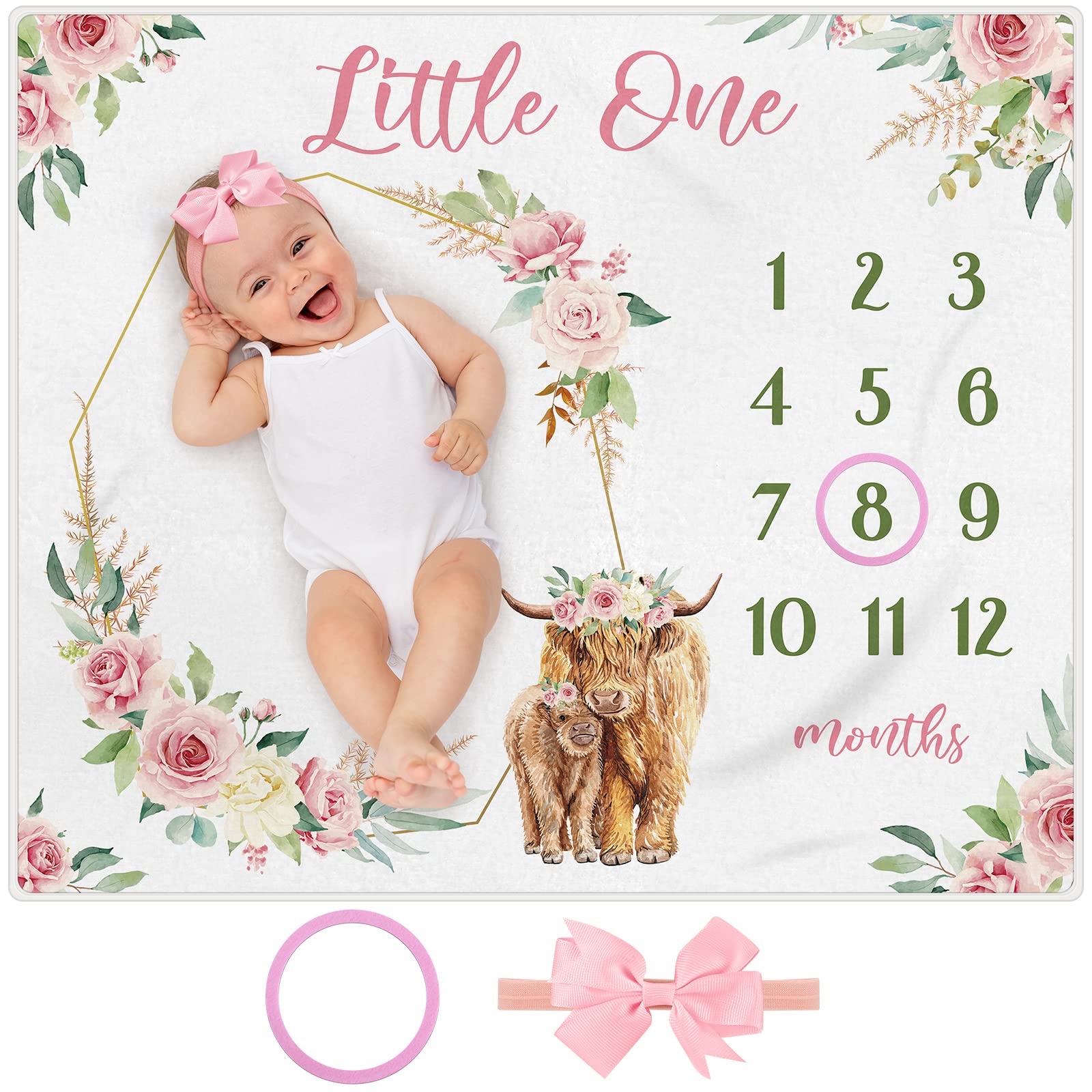 Mixweer Highland Cow milestone blanket pink background, perfect as a newborn photo prop.