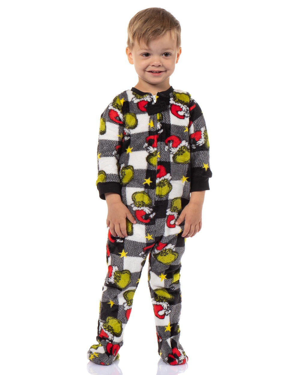 MJC Grinch pajama sleeper infant back view shows Grinch emblem