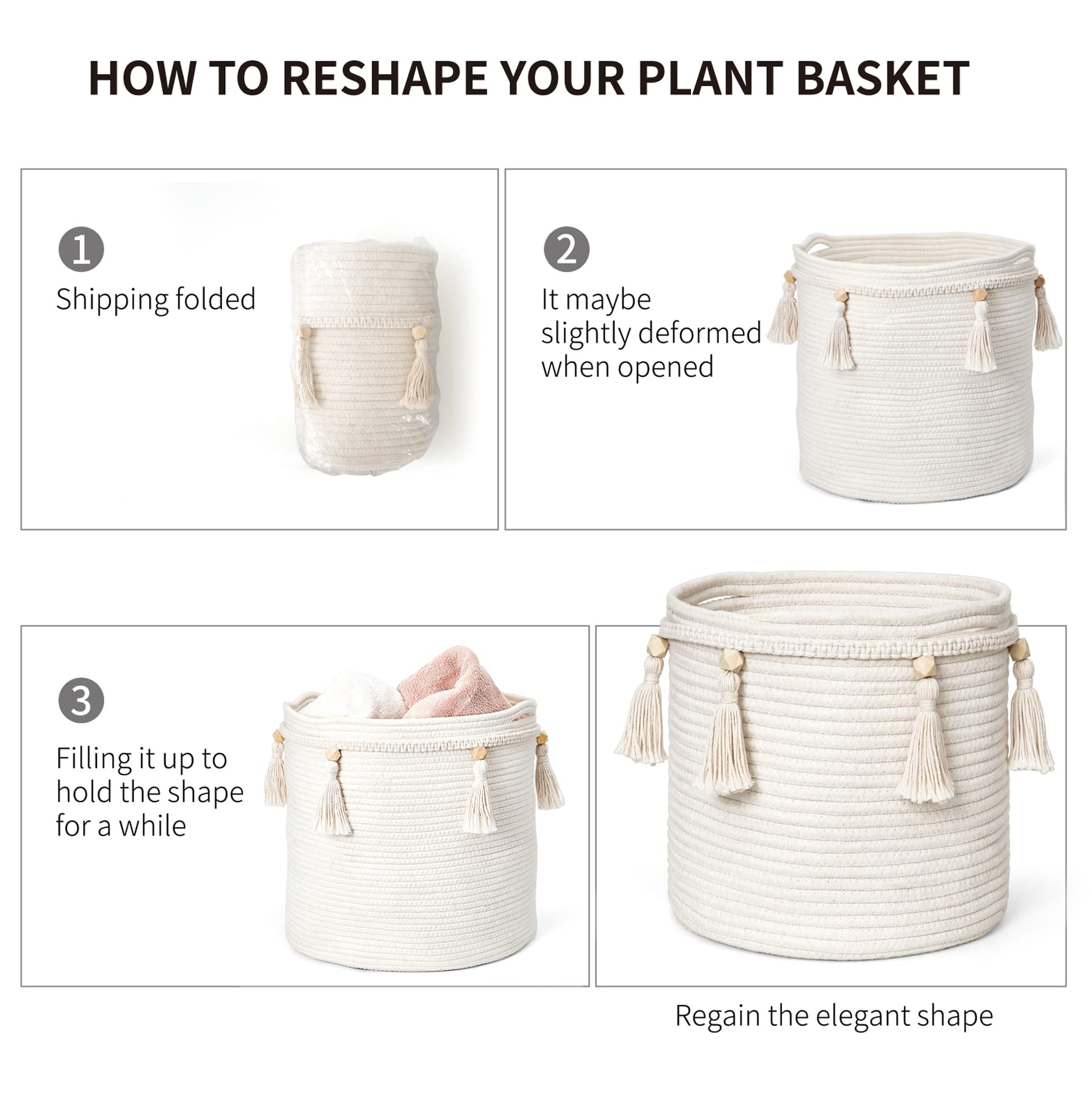 Mkono macrame basket flat-pack care demonstrates easy reshaping after shipping.